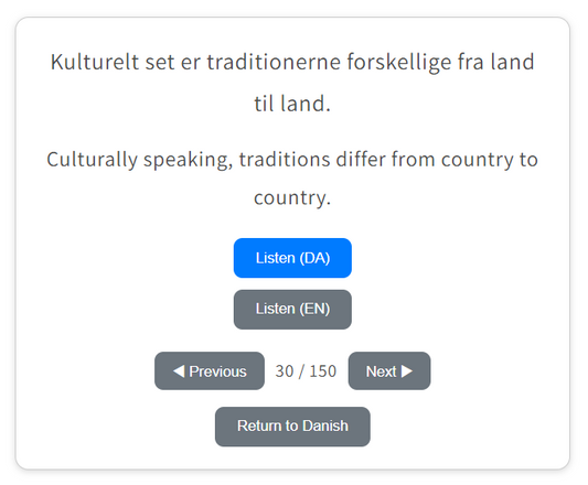 Online trainer. Flash cards for learning Danish. (Full set of 150 Danish sentences from "Prove i Dansk 3").